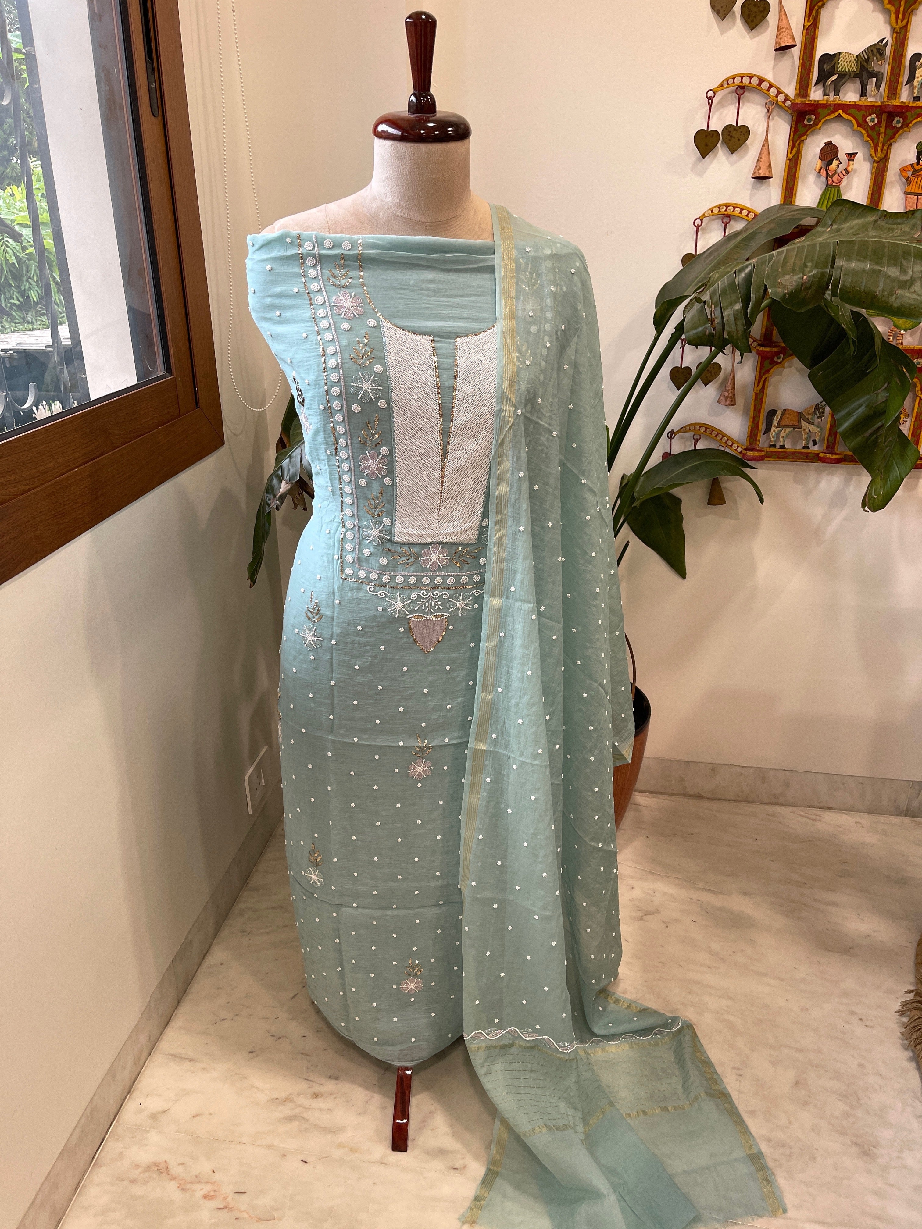 Aqua Blue Suit Set with Pearl, Cut Daana and Mukaish Handwork in Pure Mul Chanderi - Masakalee