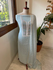 Aqua Blue Suit Set with Pearl, Cut Daana and Thread Handwork in Pure Mul Chanderi - Masakalee