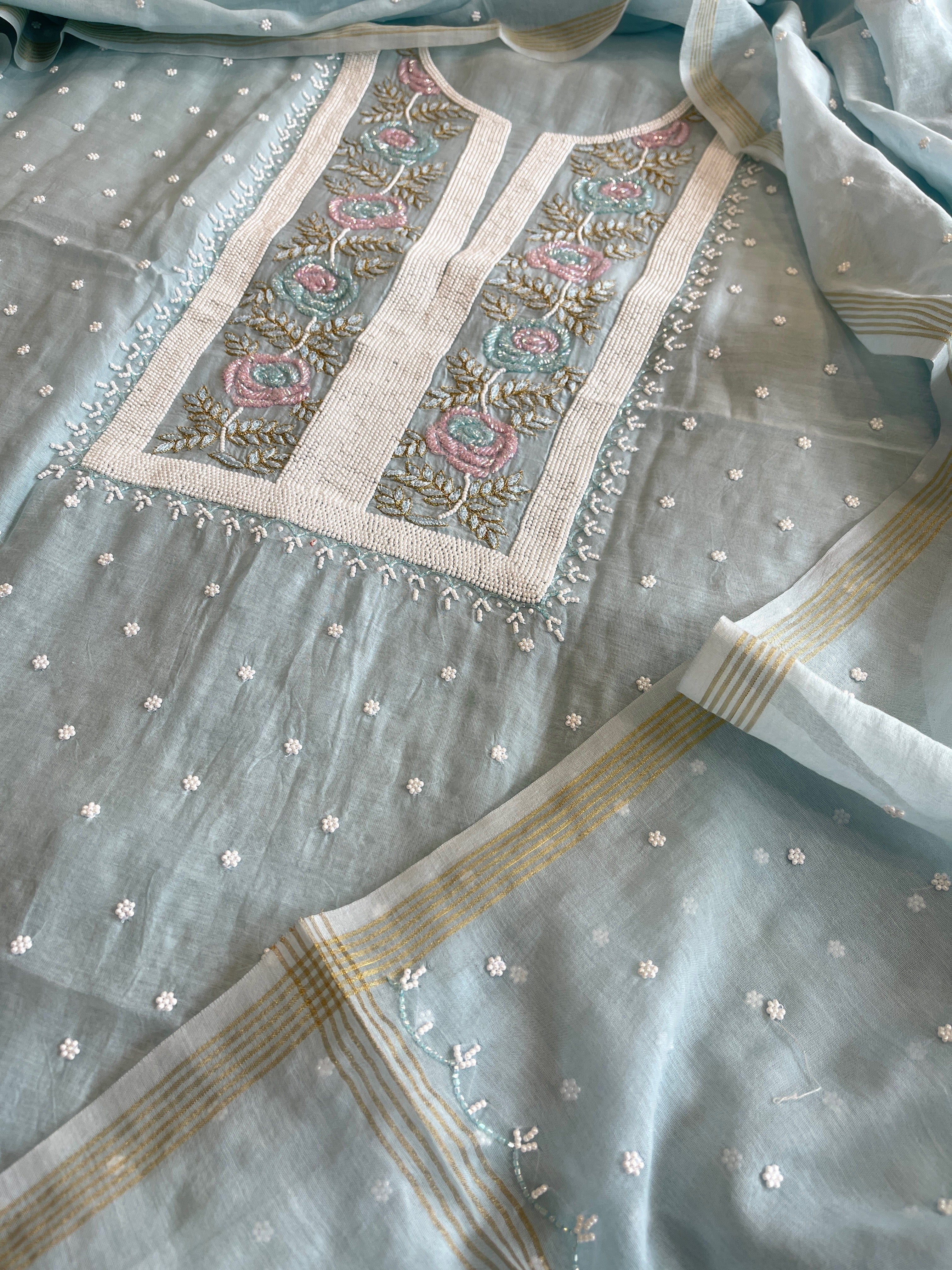Aqua Blue Suit Set with Pearl, Cut Daana and Thread Handwork in Pure Mul Chanderi - Masakalee