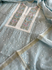 Aqua Blue Suit Set with Pearl, Cut Daana and Thread Handwork in Pure Mul Chanderi - Masakalee