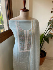 Aqua Blue Suit Set with Pearl, Cut Daana and Thread Handwork in Pure Mul Chanderi - Masakalee