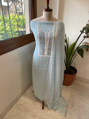 Aqua Blue Suit Set with Pearl, Cut Daana and Thread Handwork in Pure Mul Chanderi - Masakalee
