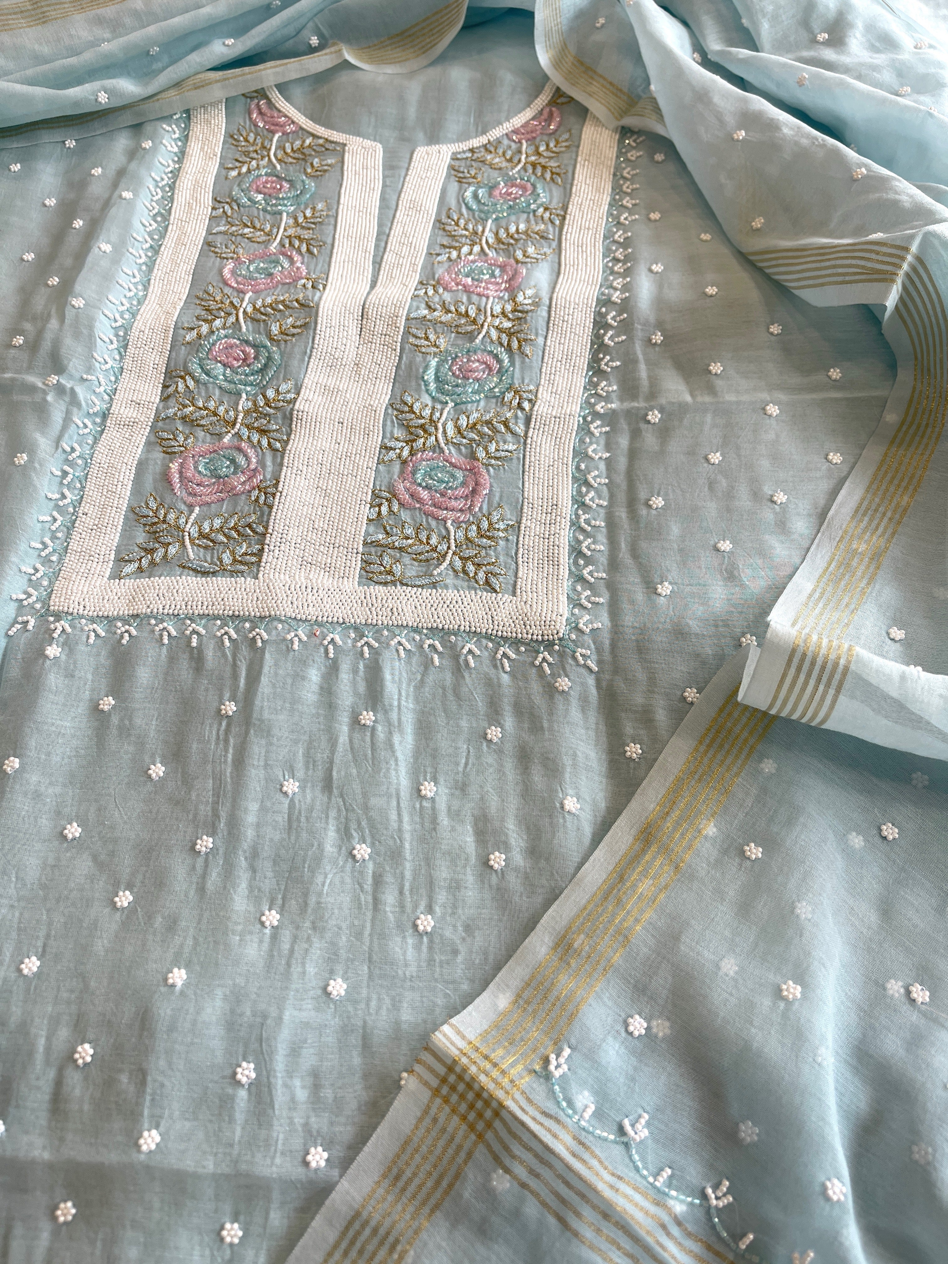 Aqua Blue Suit Set with Pearl, Cut Daana and Thread Handwork in Pure Mul Chanderi - Masakalee