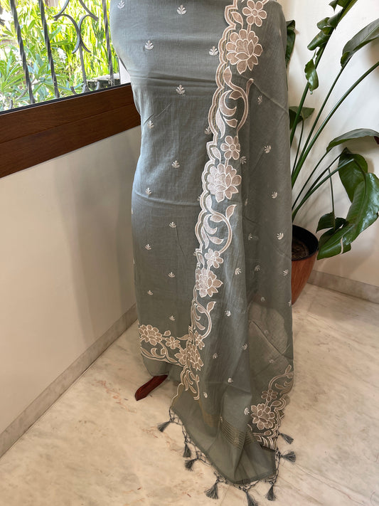 Aqua Green Applique Suit Set in Mul Chanderi - Masakalee