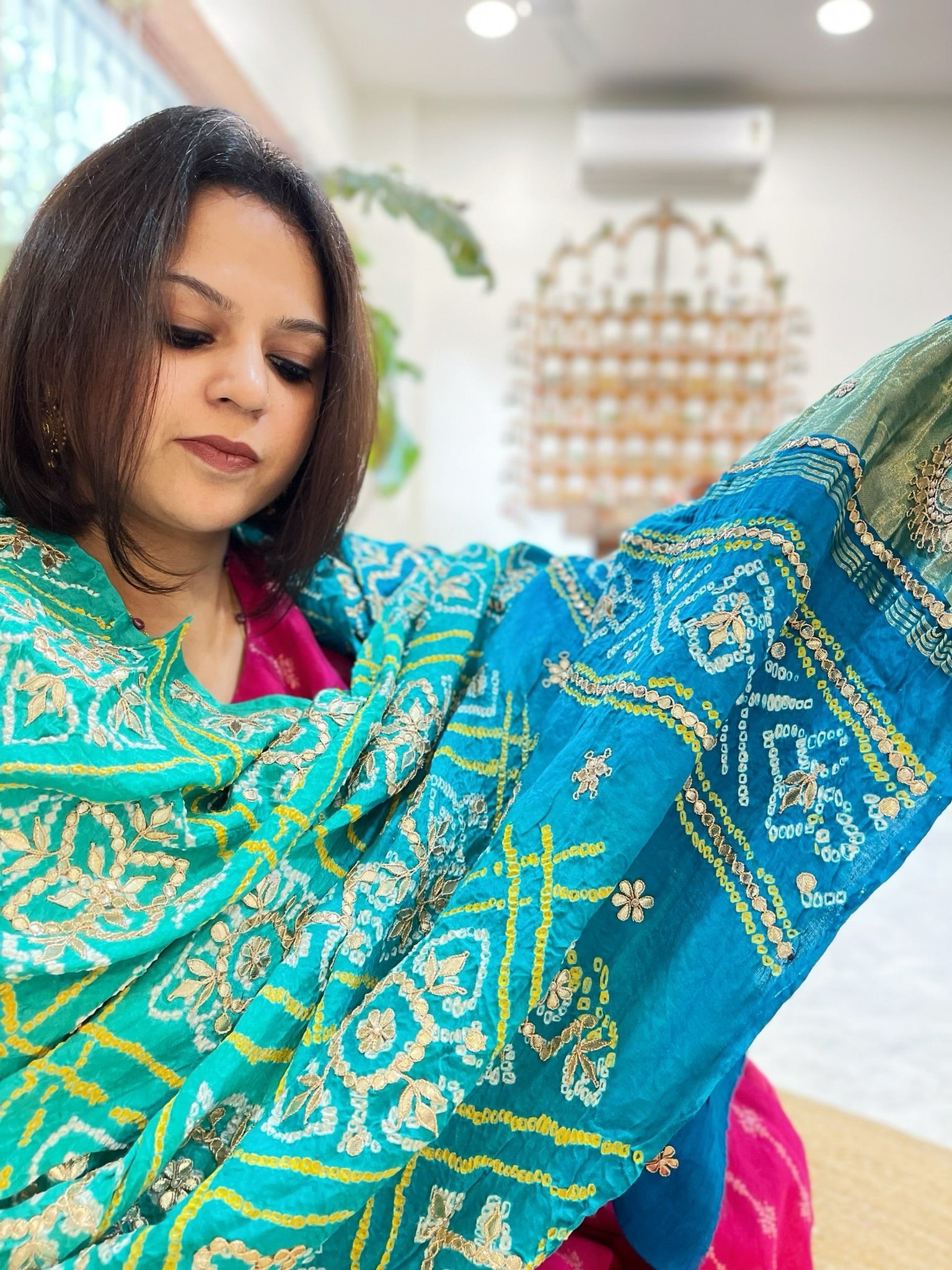 Aqua Green Bandhani Dupatta with Gotapatti Handwork in Pure Silk - Masakalee