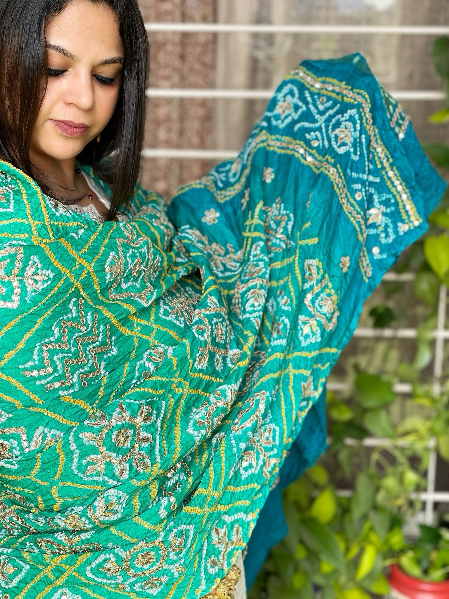 Aqua Green Bandhani Dupatta with Gotapatti Handwork in Pure Silk - Masakalee