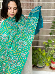 Aqua Green Bandhani Dupatta with Gotapatti Handwork in Pure Silk - Masakalee