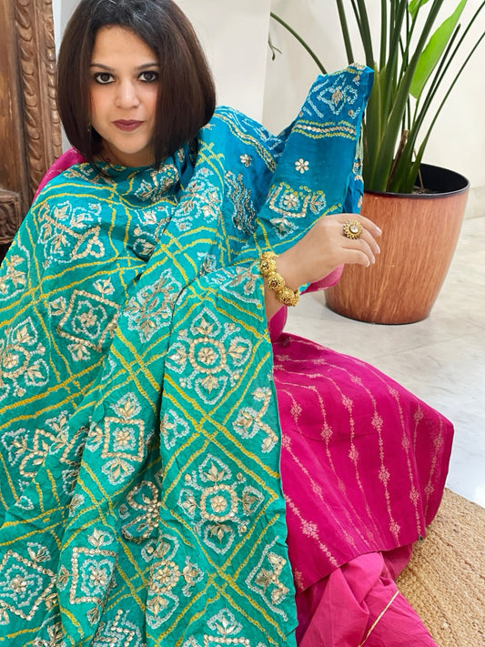 Aqua Green Bandhani Dupatta with Gotapatti Handwork in Pure Silk - Masakalee