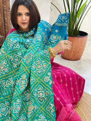 Aqua Green Bandhani Dupatta with Gotapatti Handwork in Pure Silk - Masakalee