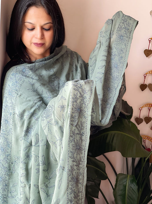 Aqua Green Hand Embroidered Dupatta in Georgette - Masakalee