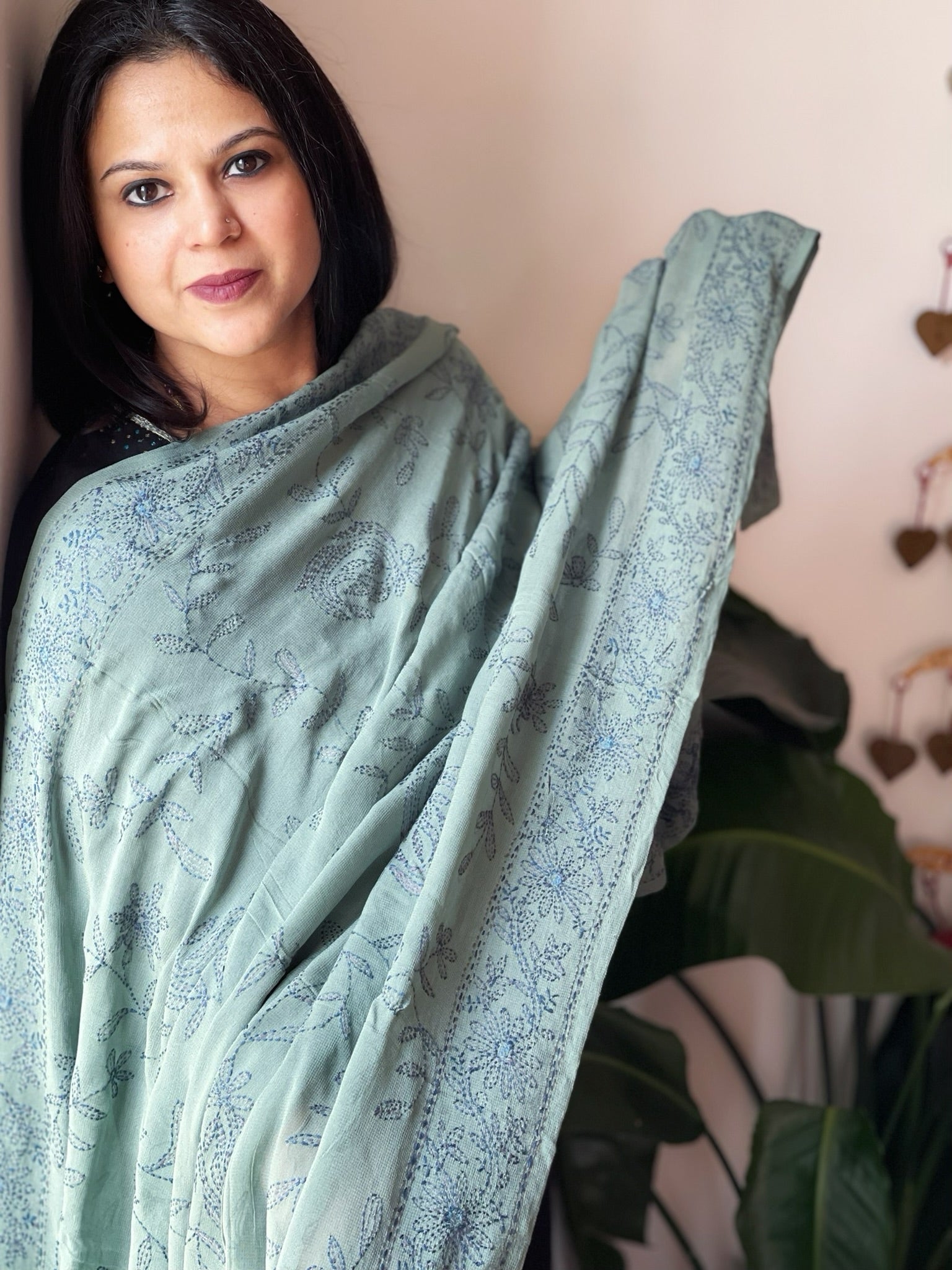 Aqua Green Hand Embroidered Dupatta in Georgette - Masakalee