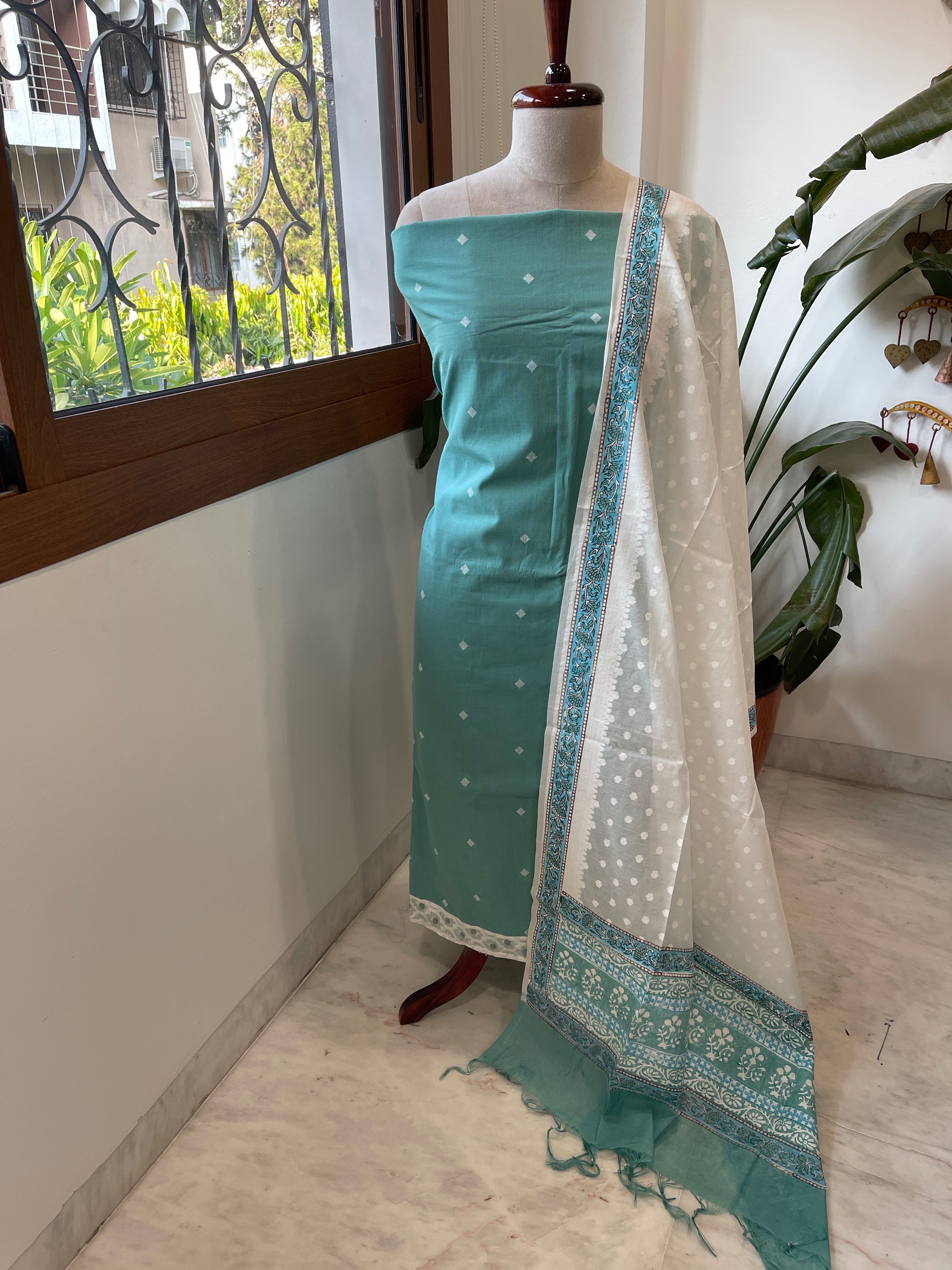 Aqua Green Handwoven Suit Sets in Pure Cotton - Masakalee