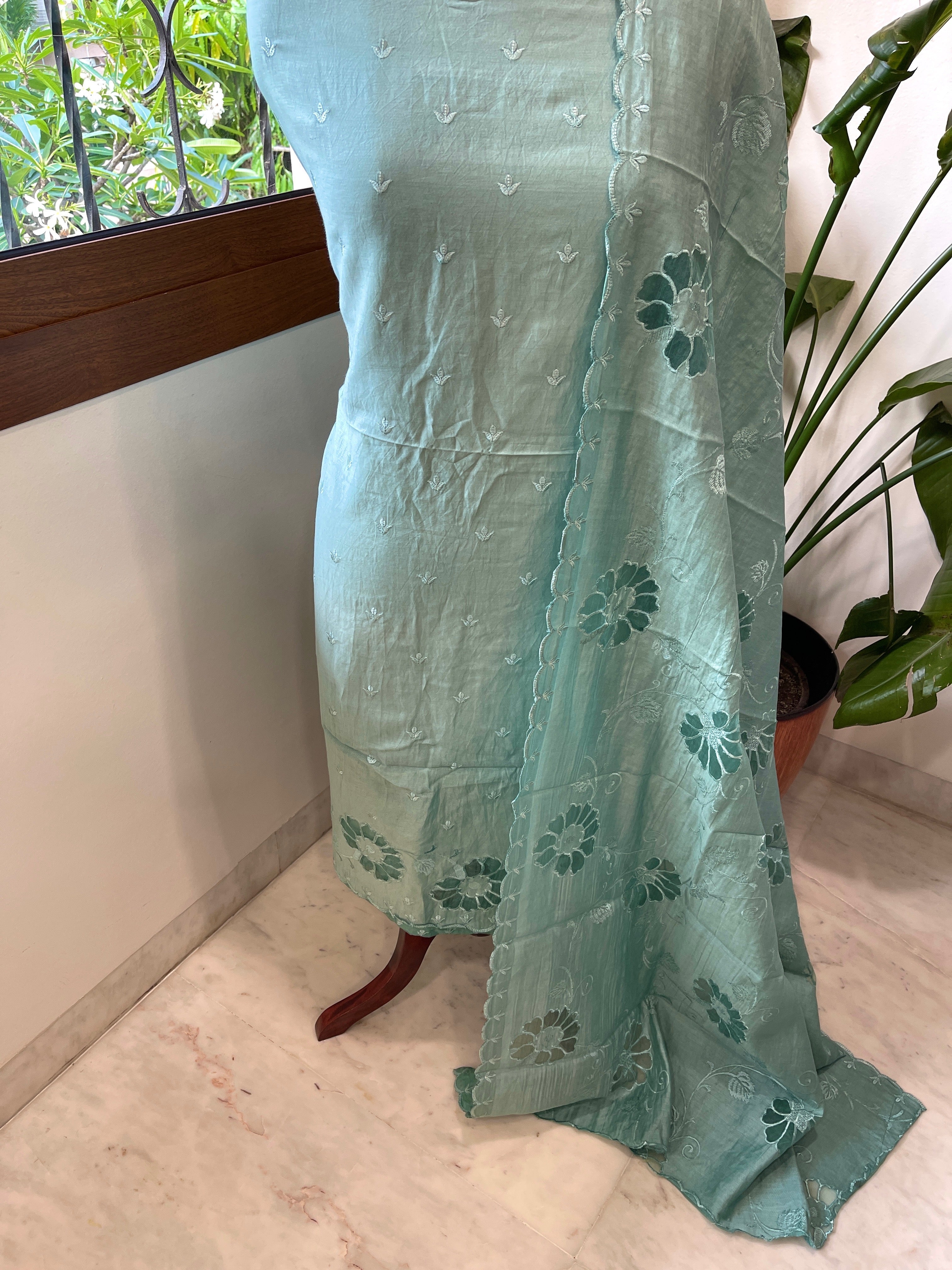 Aqua Green Mul Chanderi Suit Set with Cut Work - Masakalee