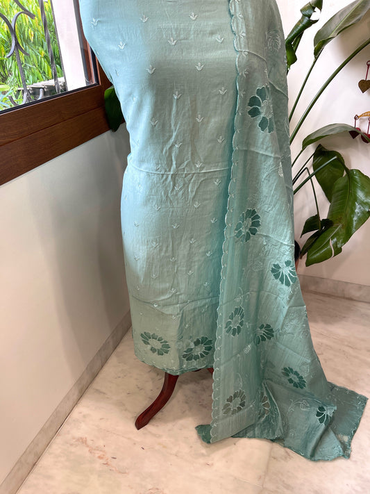 Aqua Green Mul Chanderi Suit Set with Cut Work - Masakalee