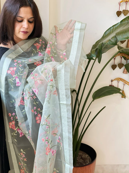 Aqua Green Organza Dupatta with Thread Embroidery - Masakalee