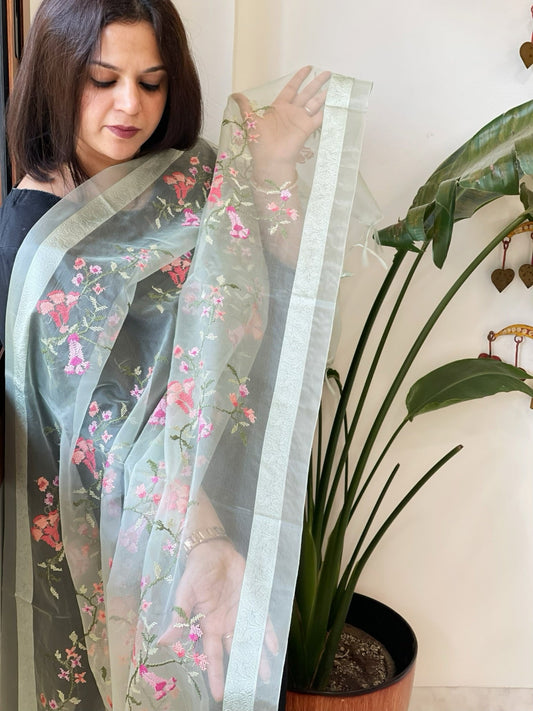 Aqua Green Organza Dupatta with Thread Embroidery - Masakalee