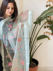 Aqua Green Organza Dupatta with Thread Embroidery - Masakalee