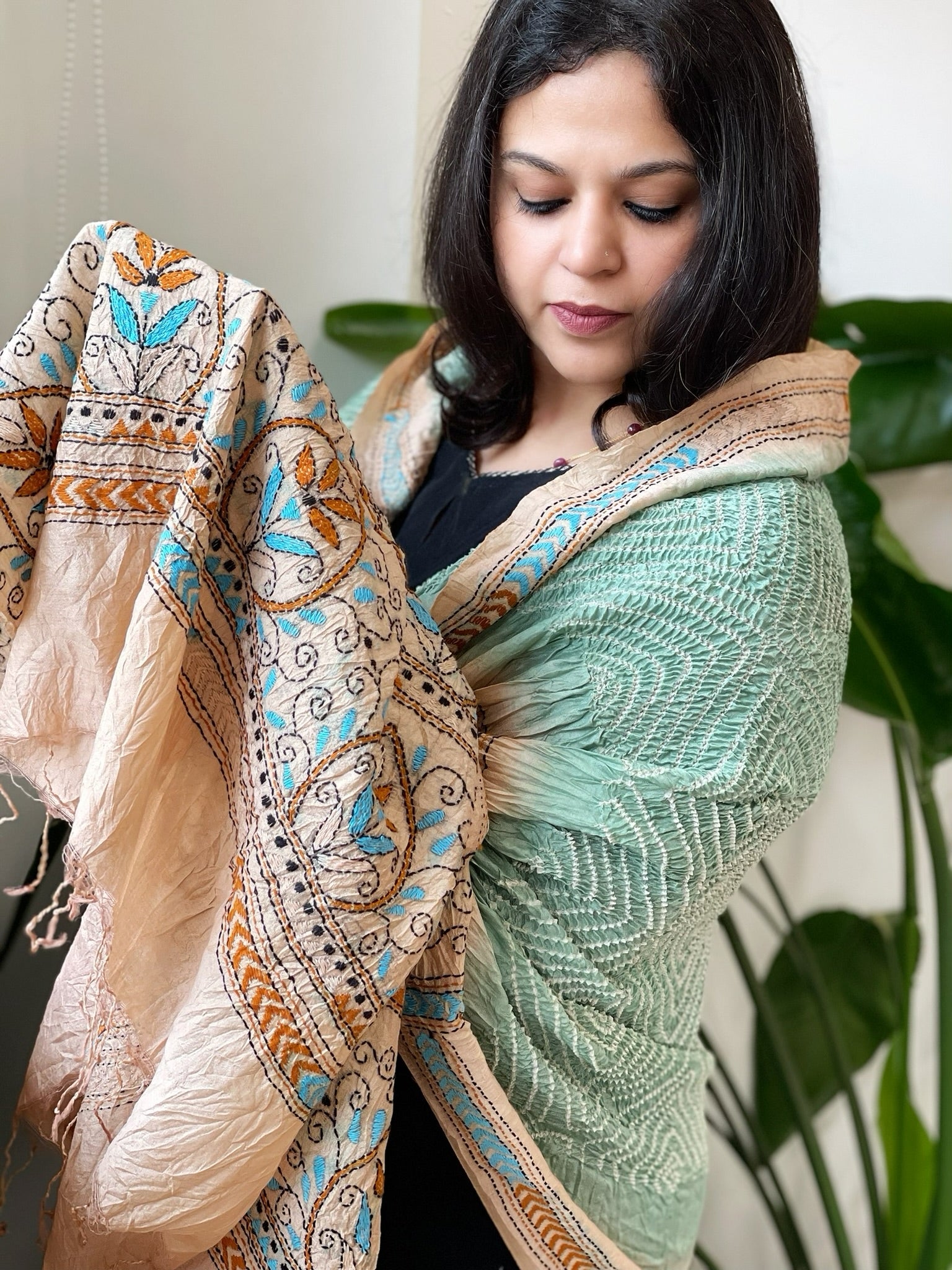 Aqua Green Rai Bandhej Dupatta with Kantha Handwork in Pure Munga Tussar Silk - Masakalee
