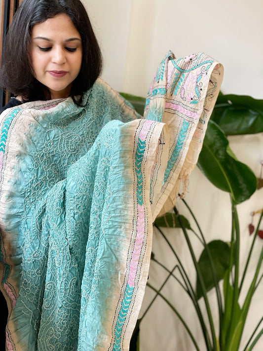 Aqua Green Rai Bandhej Dupatta with Kantha Handwork in Pure Munga Tussar Silk - Masakalee