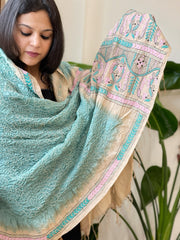 Aqua Green Rai Bandhej Dupatta with Kantha Handwork in Pure Munga Tussar Silk - Masakalee