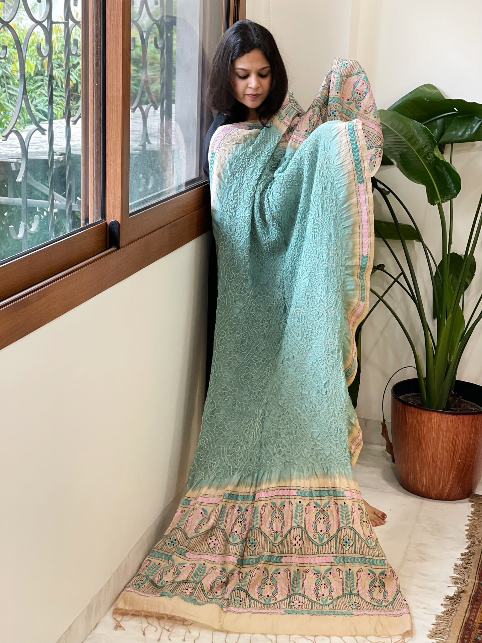 Aqua Green Rai Bandhej Dupatta with Kantha Handwork in Pure Munga Tussar Silk - Masakalee