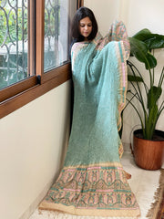 Aqua Green Rai Bandhej Dupatta with Kantha Handwork in Pure Munga Tussar Silk - Masakalee