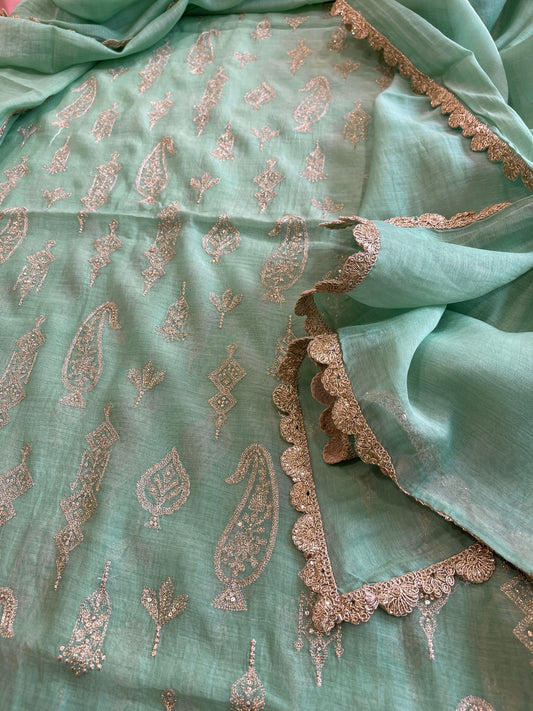 Aqua Green Suit Set with Gold Thread & Sequin Work in Pure Mul - Masakalee