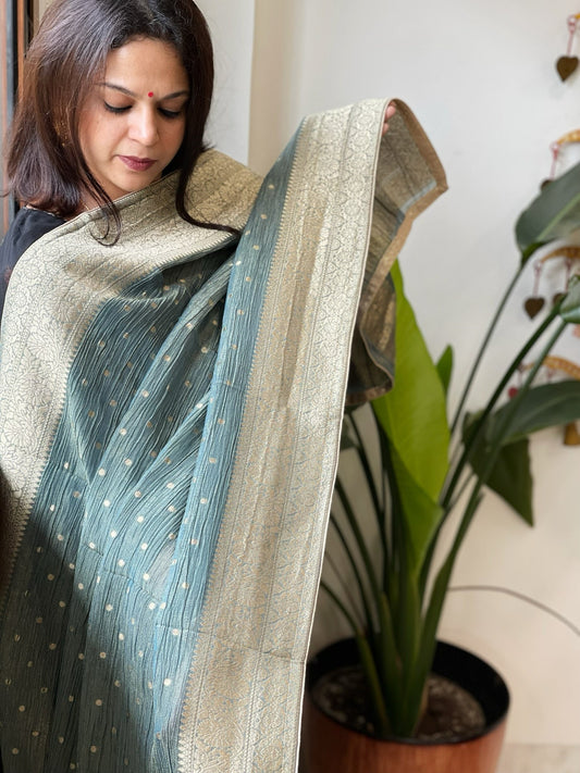 Aqua Green Woven Banarasi Dupatta in Tissue - Masakalee