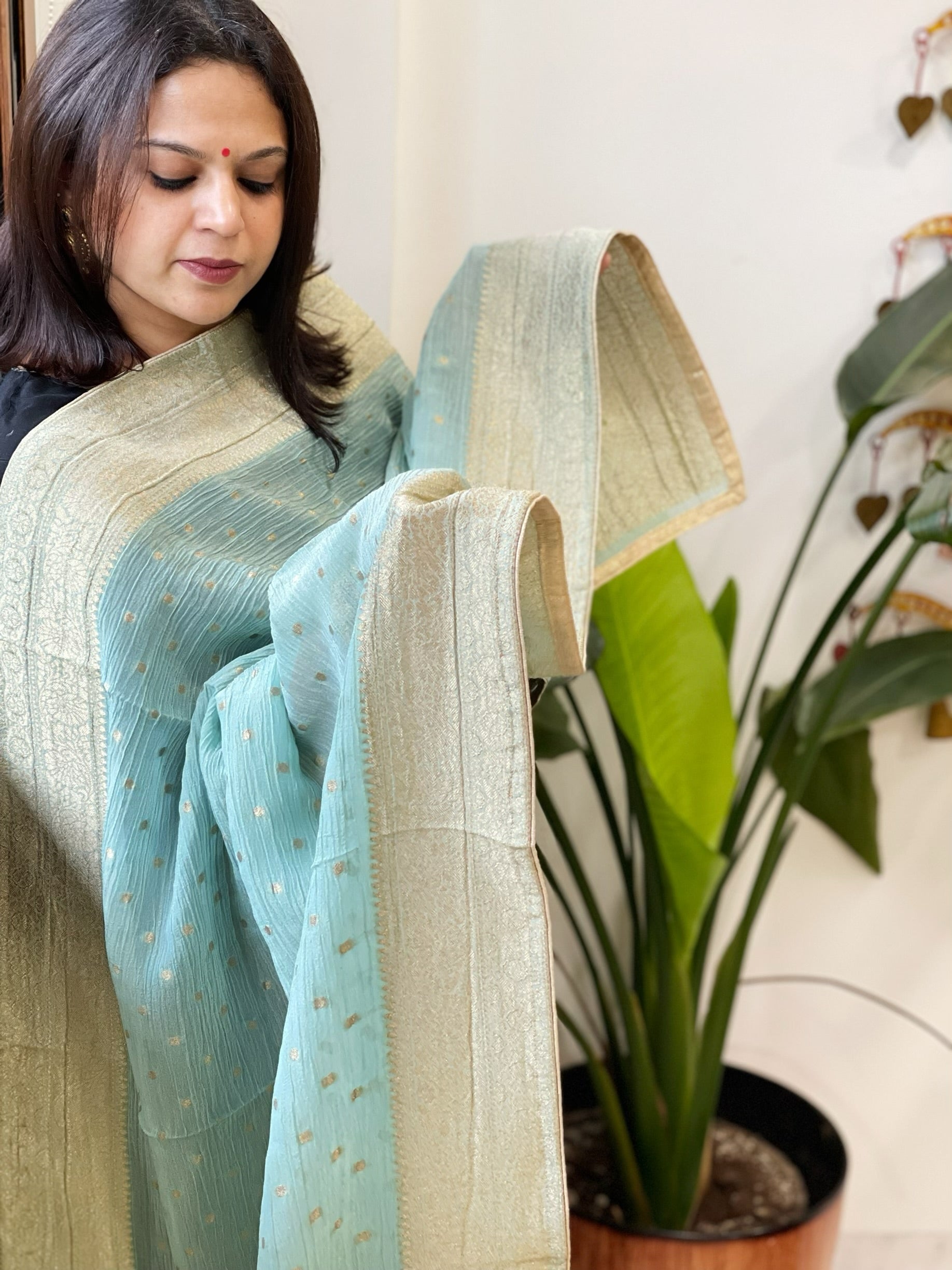 Aqua Green Woven Banarasi Dupatta in Tissue - Masakalee