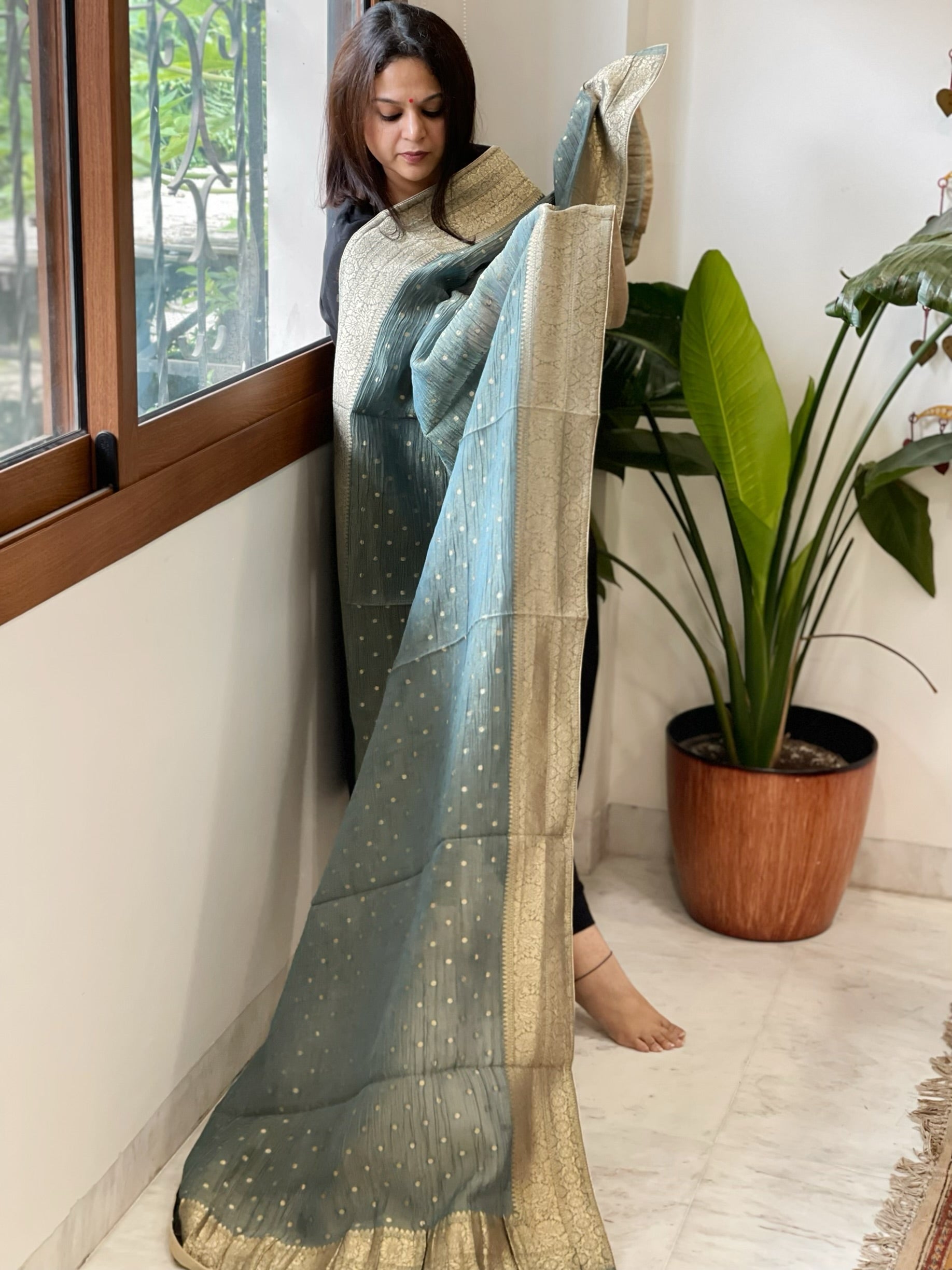 Aqua Green Woven Banarasi Dupatta in Tissue - Masakalee