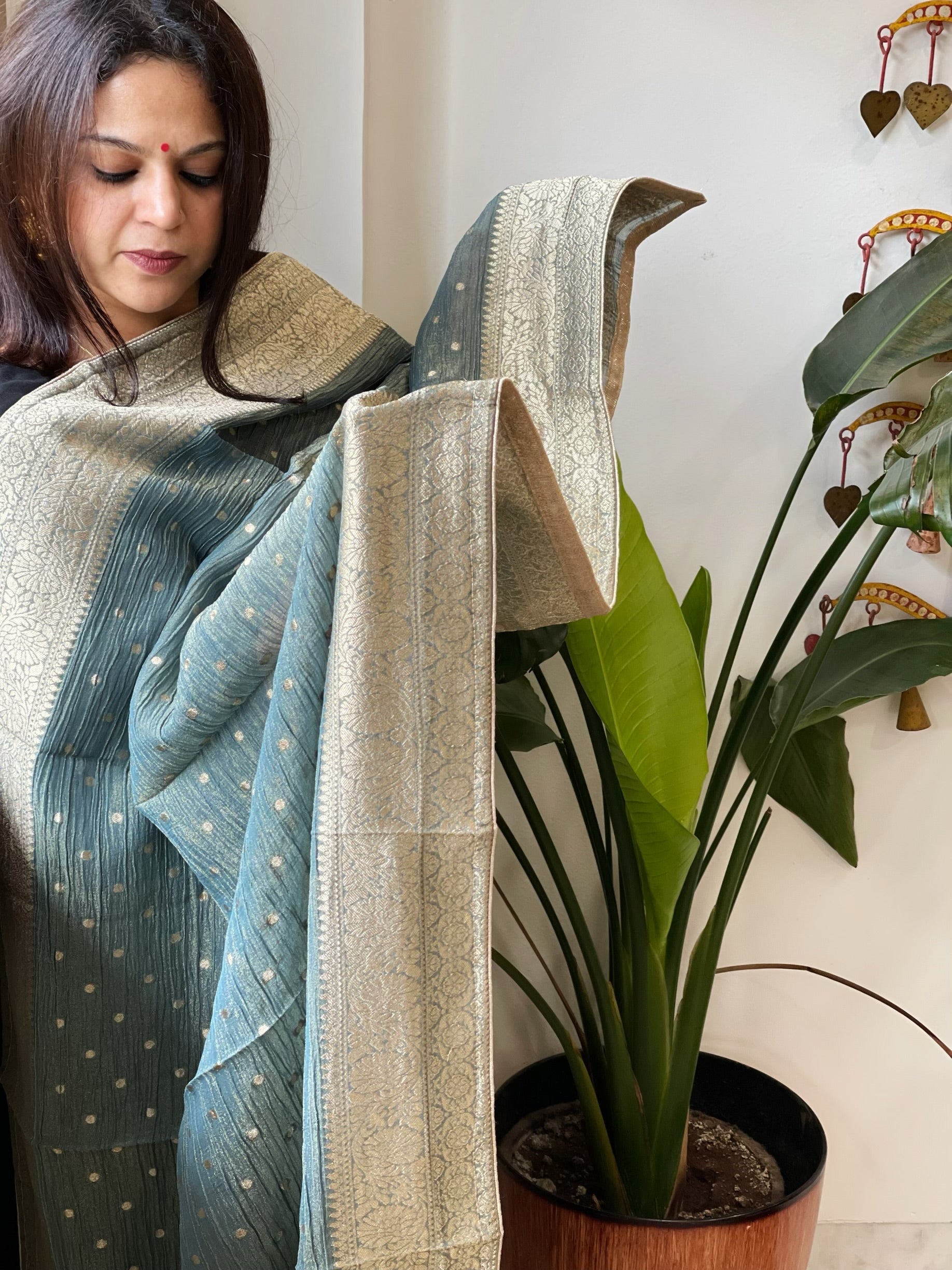 Aqua Green Woven Banarasi Dupatta in Tissue - Masakalee