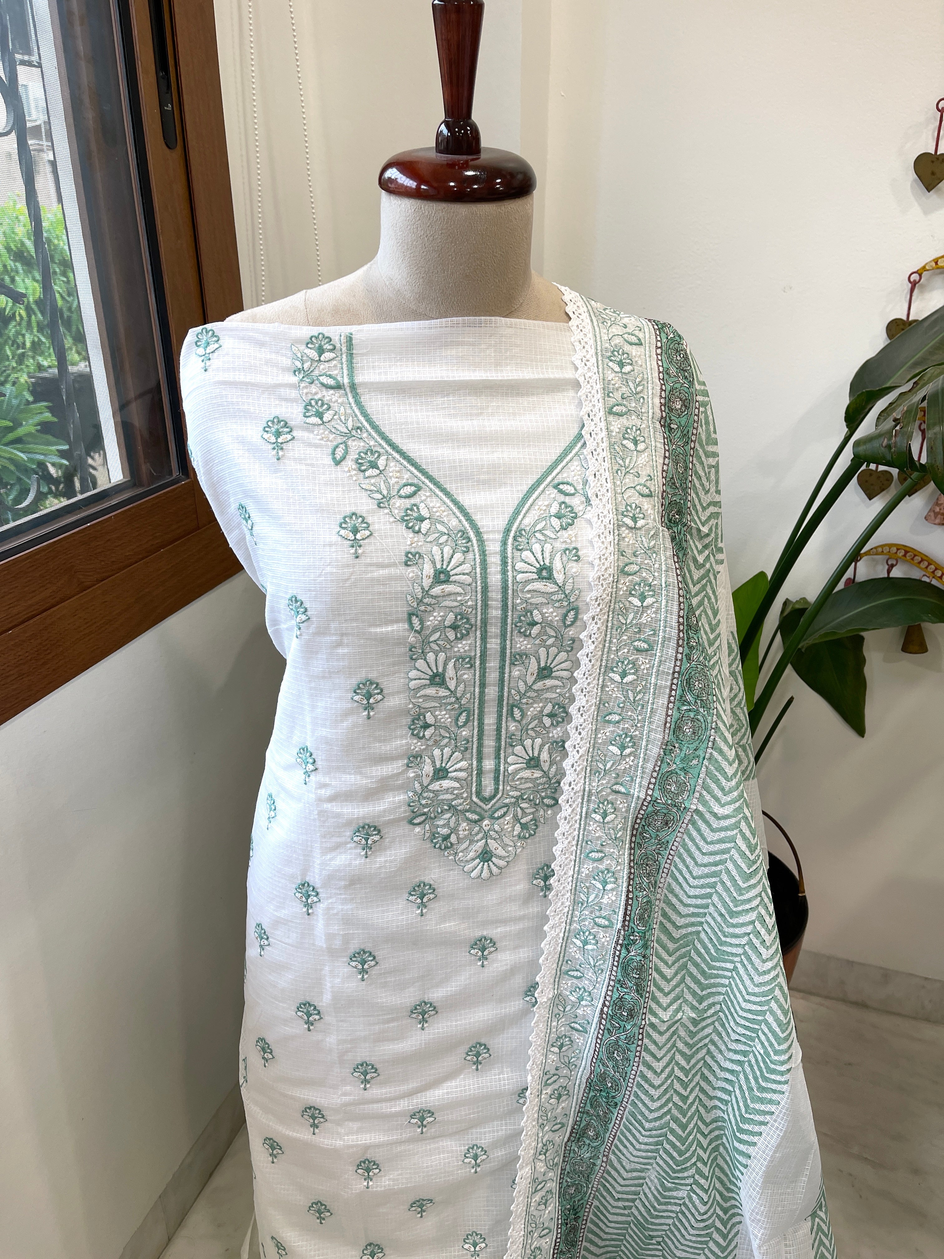 Aqua Handblock Printed Embroidered Suit Set in Kota Cotton - Masakalee