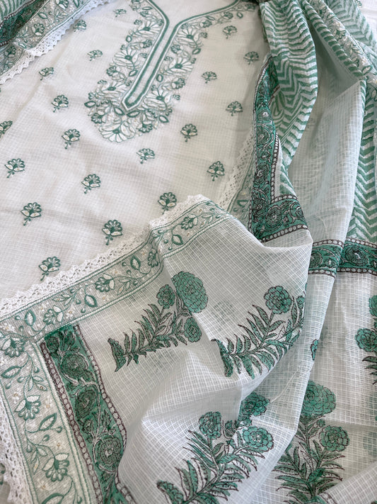 Aqua Handblock Printed Embroidered Suit Set in Kota Cotton - Masakalee