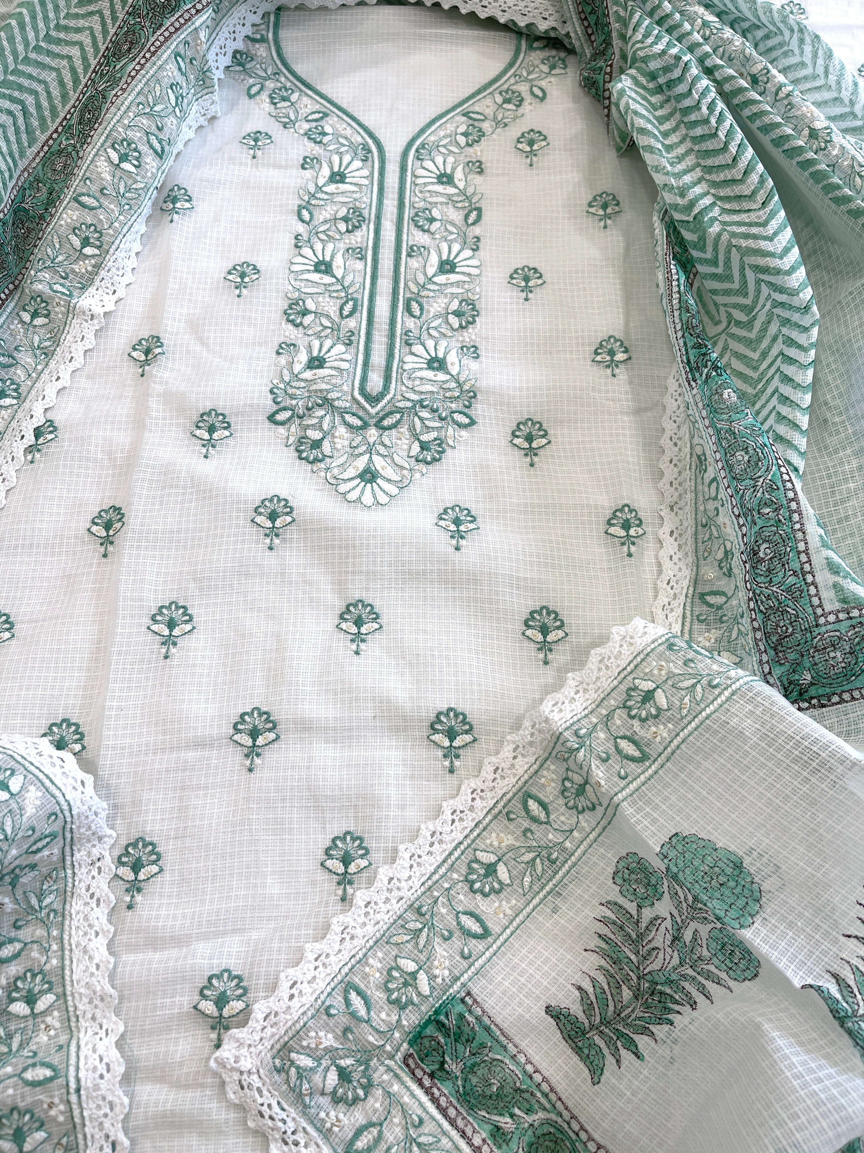 Aqua Handblock Printed Embroidered Suit Set in Kota Cotton - Masakalee