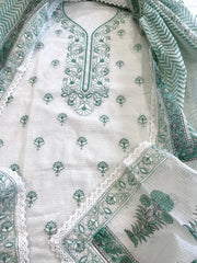 Aqua Handblock Printed Embroidered Suit Set in Kota Cotton - Masakalee
