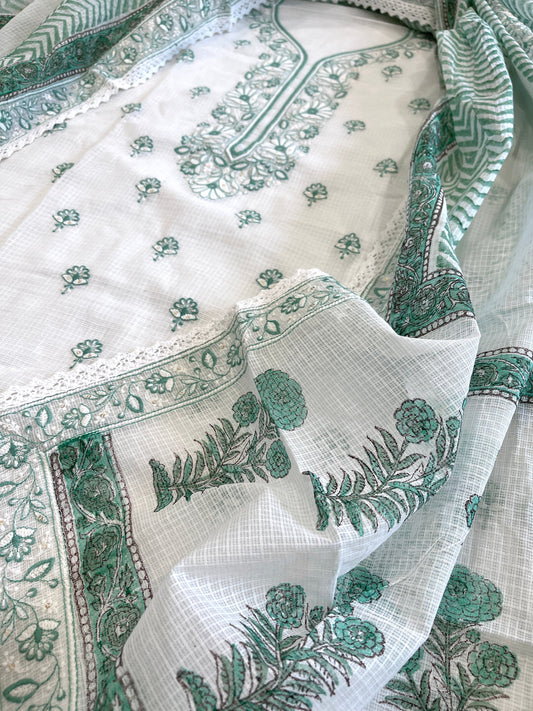 Aqua Handblock Printed Embroidered Suit Set in Kota Cotton - Masakalee