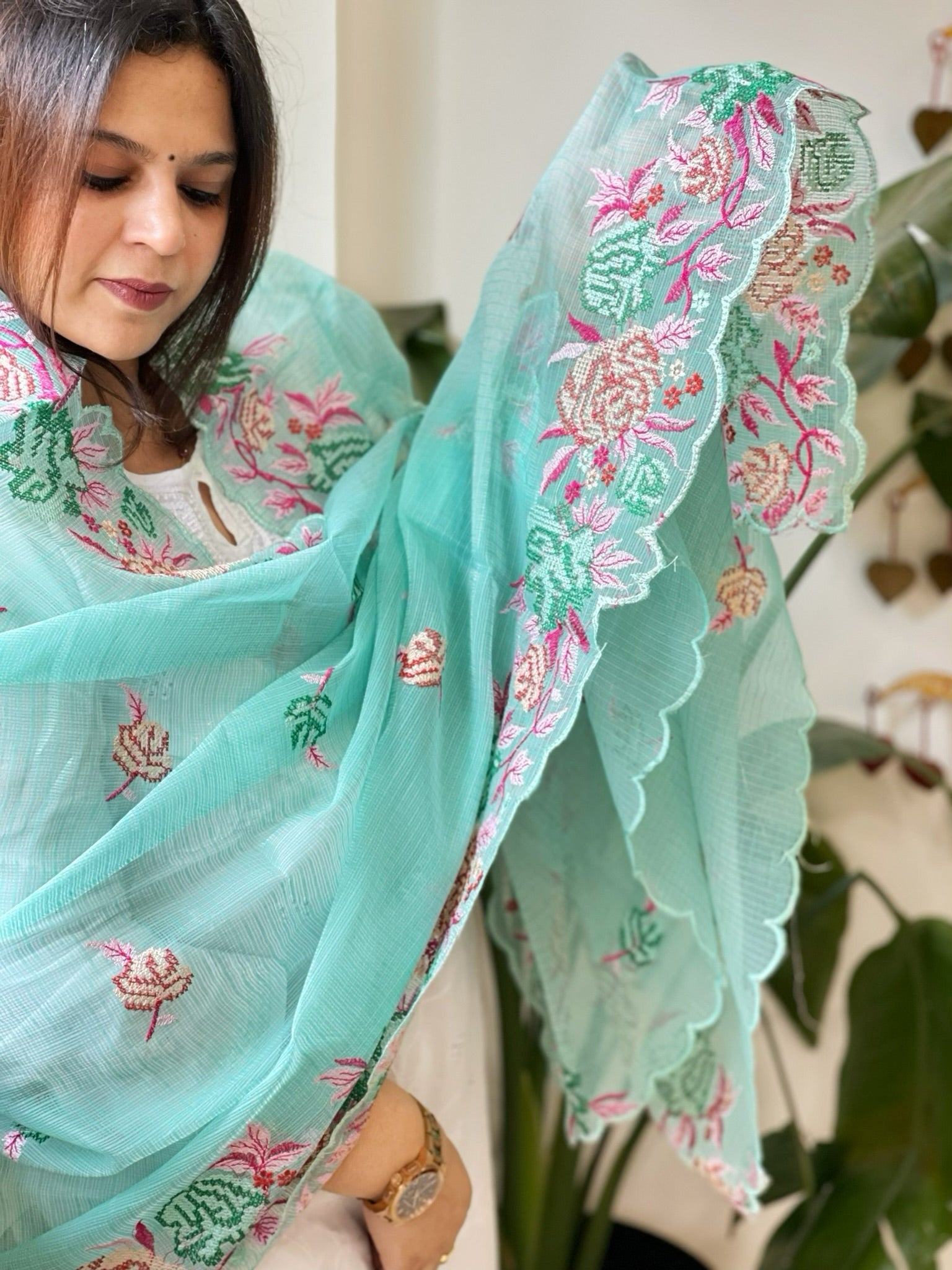 Aqua Kota Cotton Dupatta with Cross - Stitch Embroidered Border - Masakalee