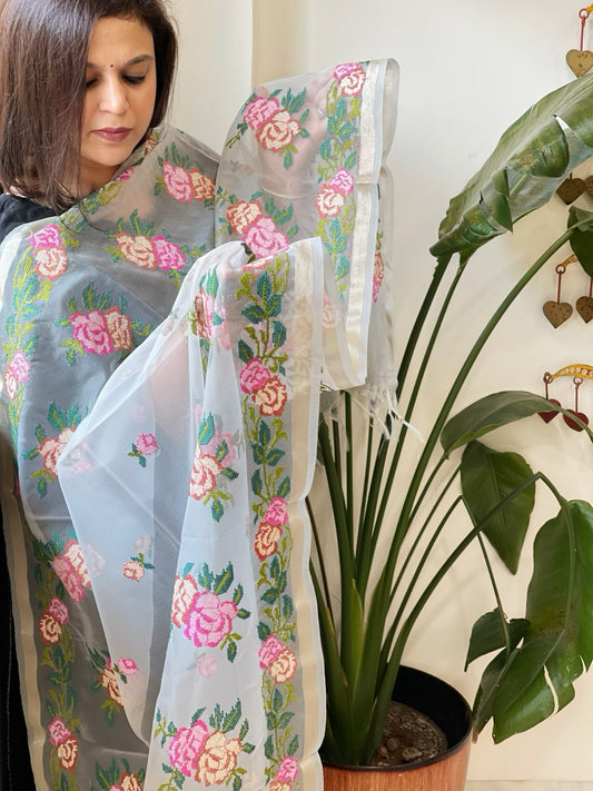 Aqua Organza Dupatta with Cross - Stitch Embroidery - Masakalee