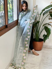 Aqua Organza Dupatta with Cross - Stitch Embroidery - Masakalee