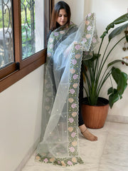 Aqua Organza Dupatta with Cross - Stitch Embroidery - Masakalee