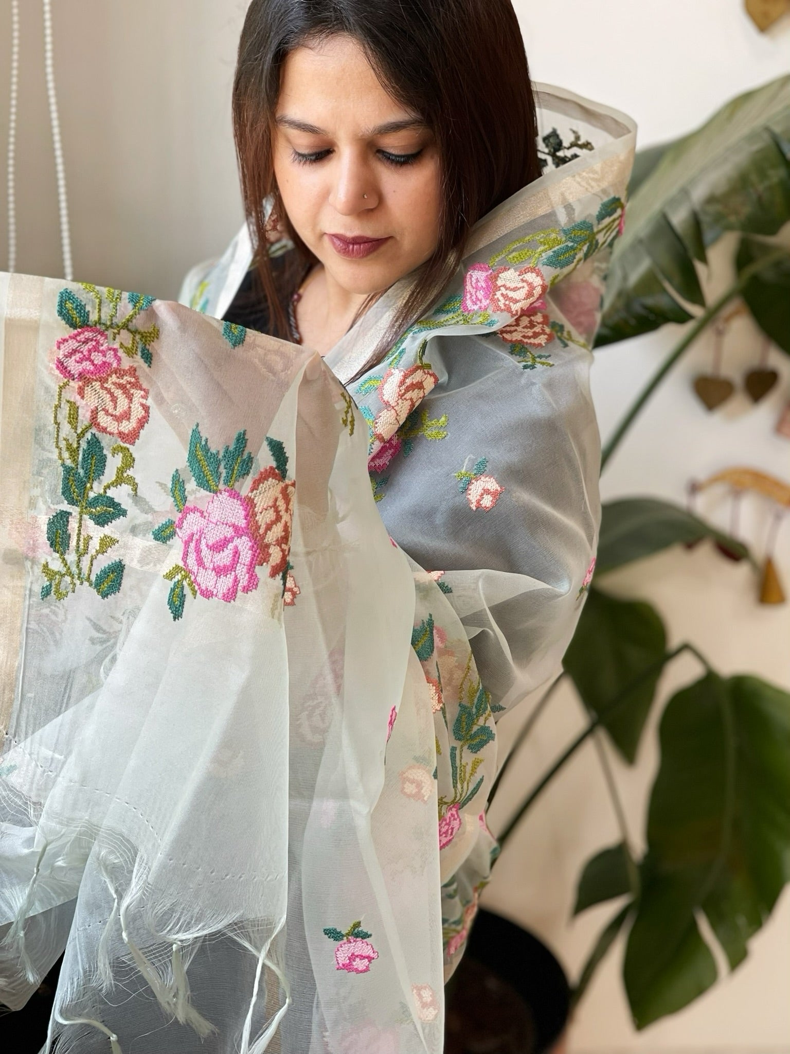 Aqua Organza Dupatta with Cross - Stitch Embroidery - Masakalee