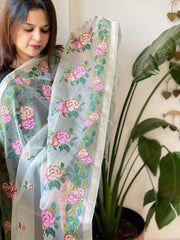 Aqua Organza Dupatta with Cross - Stitch Embroidery - Masakalee