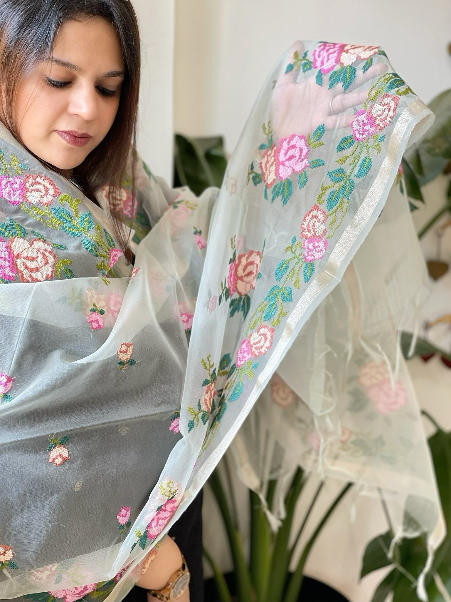 Aqua Organza Dupatta with Cross - Stitch Embroidery - Masakalee