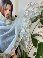 Aqua Organza Dupatta with Cross - Stitch Embroidery - Masakalee