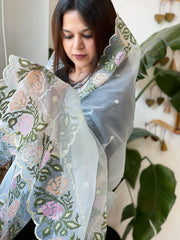 Aqua Organza Dupatta with Cross - Stitch Embroidery - Masakalee