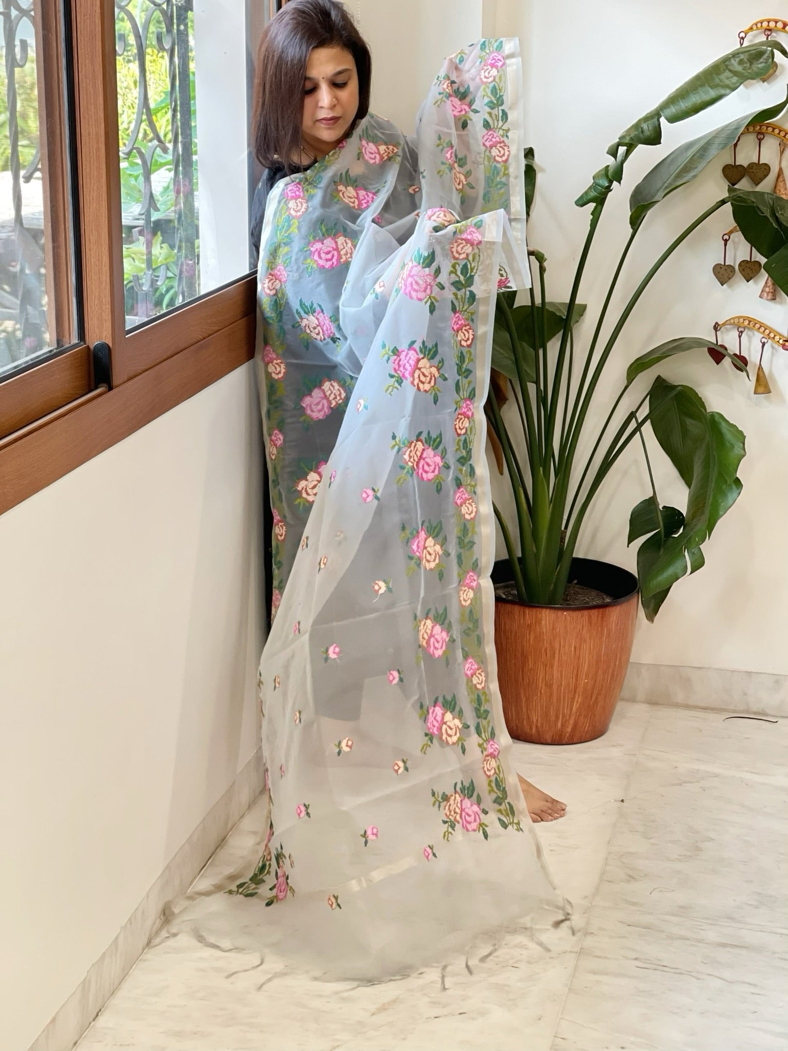 Aqua Organza Dupatta with Cross - Stitch Embroidery - Masakalee