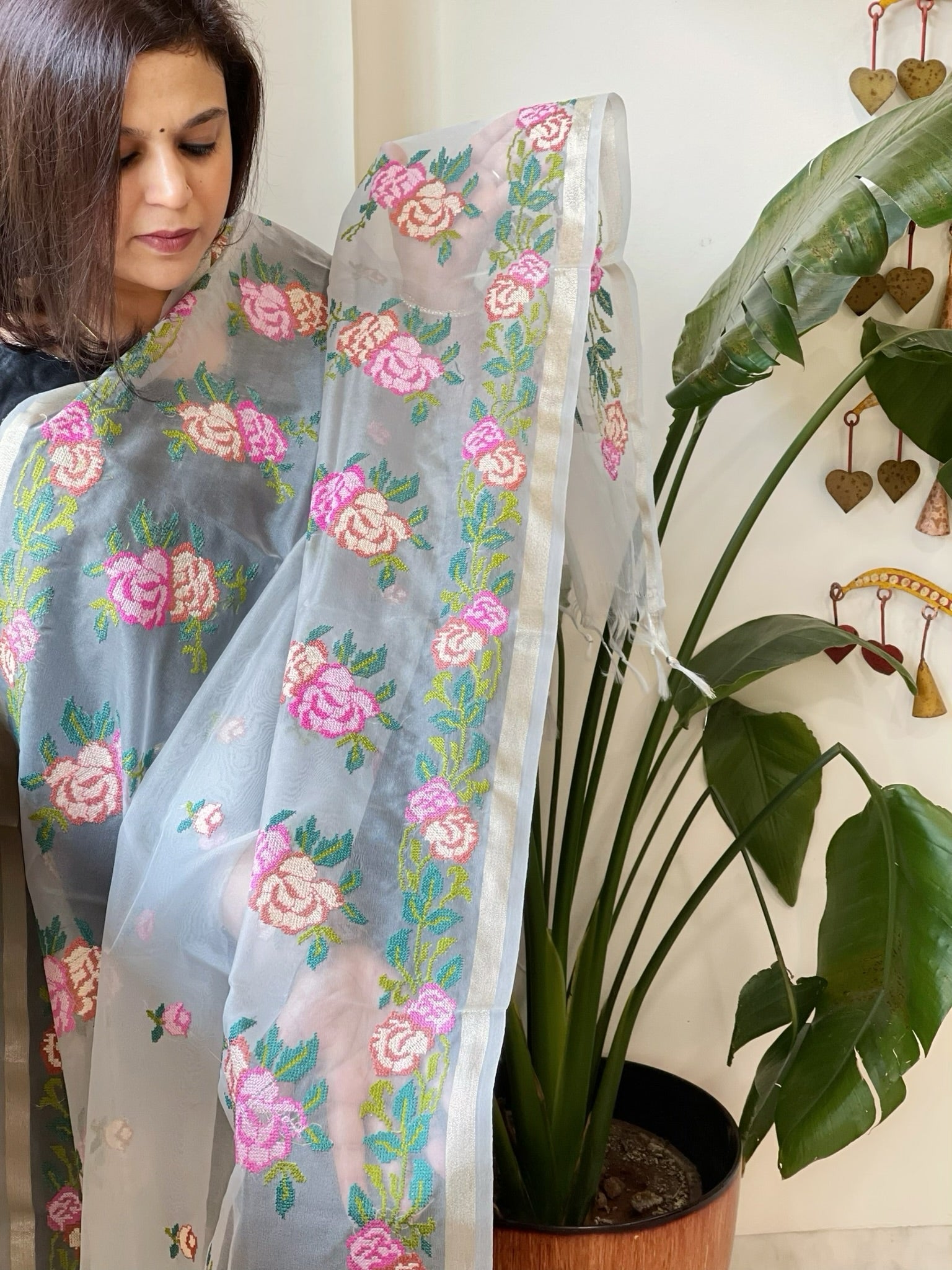 Aqua Organza Dupatta with Cross - Stitch Embroidery - Masakalee