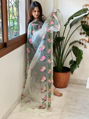 Aqua Organza Dupatta with Cross - Stitch Embroidery - Masakalee
