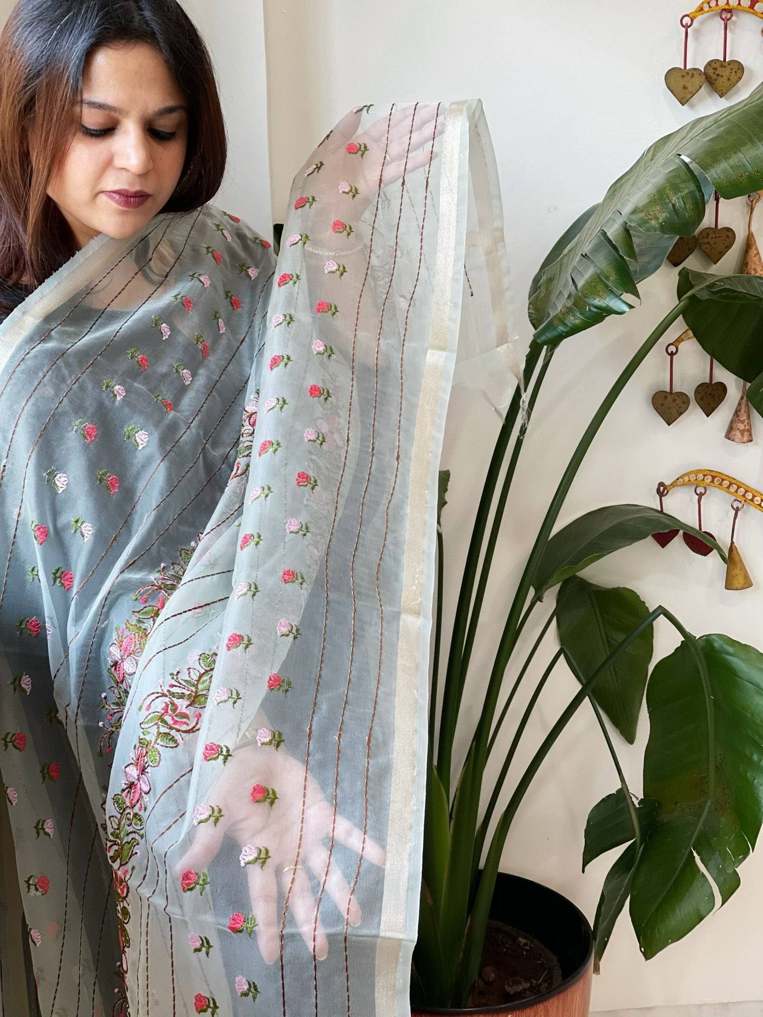 Aqua Organza Dupatta with Thread Embroidery - Masakalee
