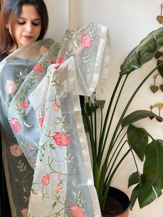Aqua Organza Dupatta with Thread Embroidery - Masakalee